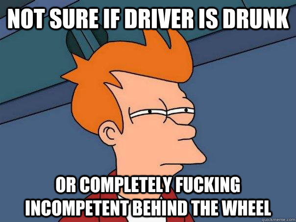 Not sure if driver is drunk Or completely fucking incompetent behind the wheel  Futurama Fry