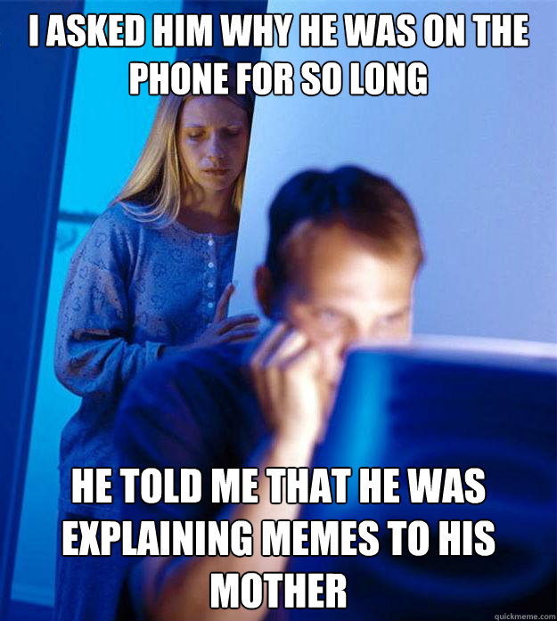 i asked him why he was on the phone for so long he told me that he was explaining memes to his mother  Redditors Wife