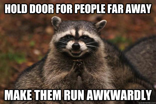 Hold door for people far away make them run awkwardly   Evil Plotting Raccoon