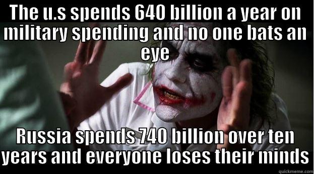 I don't understand this - THE U.S SPENDS 640 BILLION A YEAR ON MILITARY SPENDING AND NO ONE BATS AN EYE RUSSIA SPENDS 740 BILLION OVER TEN YEARS AND EVERYONE LOSES THEIR MINDS Joker Mind Loss