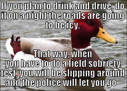 IF YOU PLAN TO DRINK AND DRIVE, DO IT ON A NIGHT THE ROADS ARE GOING TO BE ICY. THAT WAY, WHEN YOU HAVE TO DO A FIELD SOBRIETY TEST, YOU WILL BE SLIPPING AROUND AND THE POLICE WILL LET YOU GO   Malicious Advice Mallard