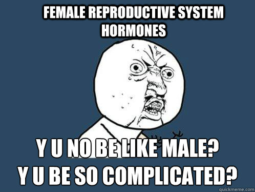 FEMALE REPRODUCTIVE SYSTEM HORMONES Y U NO BE LIKE MALE?
Y U BE SO COMPLICATED?  Y U No