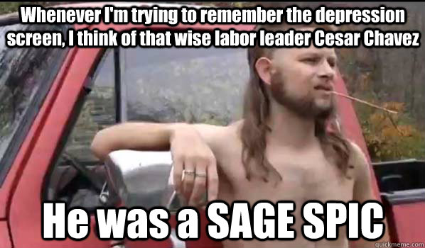 Whenever I'm trying to remember the depression screen, I think of that wise labor leader Cesar Chavez He was a SAGE SPIC  Almost Politically Correct Redneck