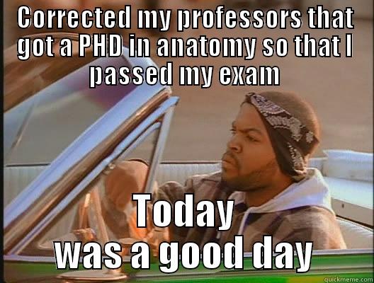 CORRECTED MY PROFESSORS THAT GOT A PHD IN ANATOMY SO THAT I PASSED MY EXAM TODAY WAS A GOOD DAY today was a good day