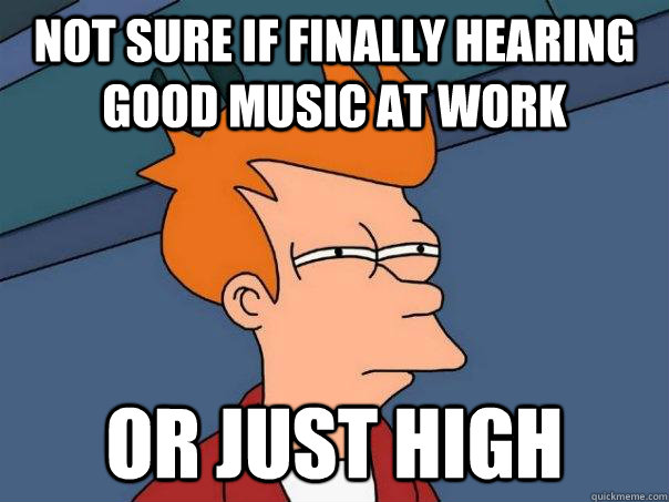 Not sure if finally hearing good music at work Or just high - Not sure if finally hearing good music at work Or just high  Futurama Fry