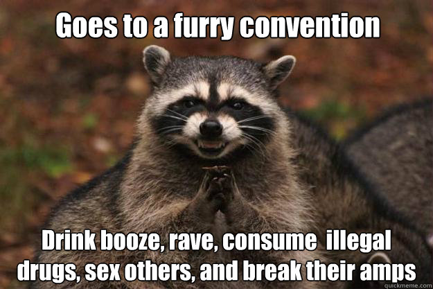 Goes to a furry convention Drink booze, rave, consume  illegal drugs, sex others, and break their amps - Goes to a furry convention Drink booze, rave, consume  illegal drugs, sex others, and break their amps  Evil Plotting Raccoon