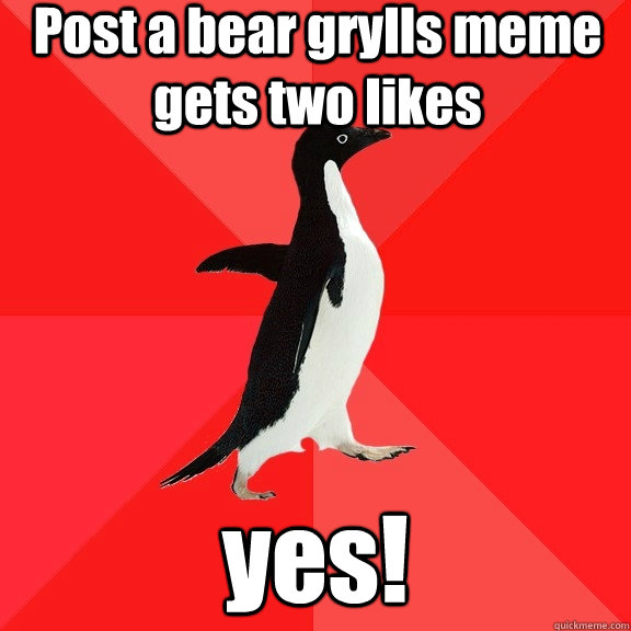 Post a bear grylls meme gets two likes yes!  Socially Awesome Penguin