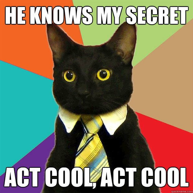 he knows my secret act cool, act cool  Business Cat