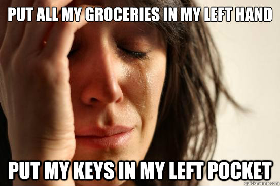 Put all my groceries in my left hand put my keys in my left pocket  First World Problems