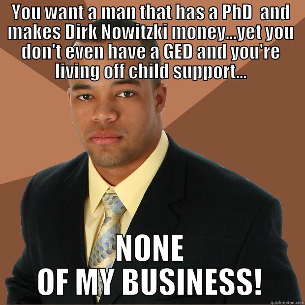 Thirsty Women - YOU WANT A MAN THAT HAS A PHD  AND MAKES DIRK NOWITZKI MONEY...YET YOU DON'T EVEN HAVE A GED AND YOU'RE LIVING OFF CHILD SUPPORT... NONE OF MY BUSINESS! Successful Black Man