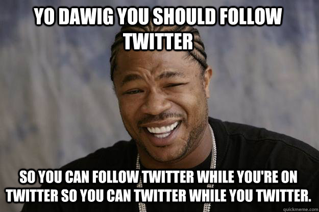 yo dawig you should follow twitter so you can follow twitter while you're on twitter so you can twitter while you twitter.  Xzibit