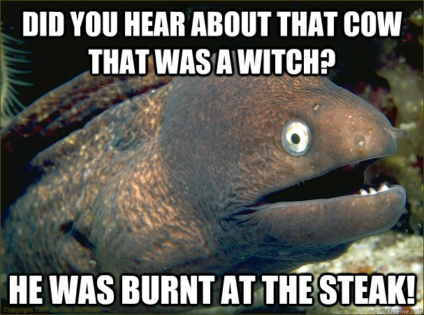 Did you hear about that cow that was a witch? He was burnt at the steak!  Bad Joke Eel