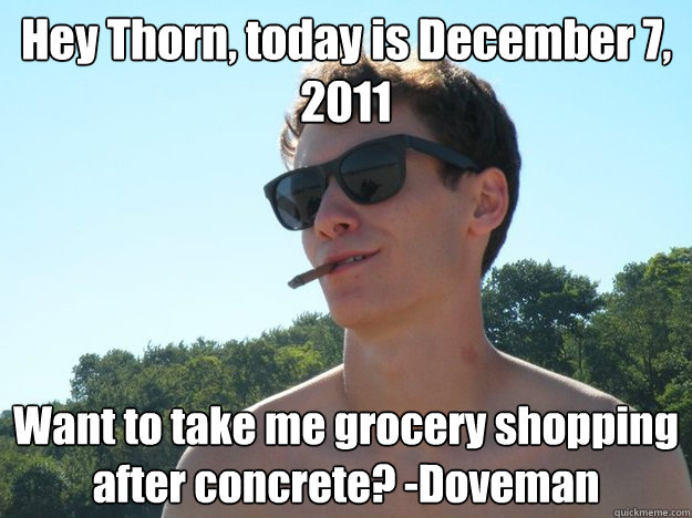 Hey Thorn, today is December 7, 2011 Want to take me grocery shopping after concrete? -Doveman  