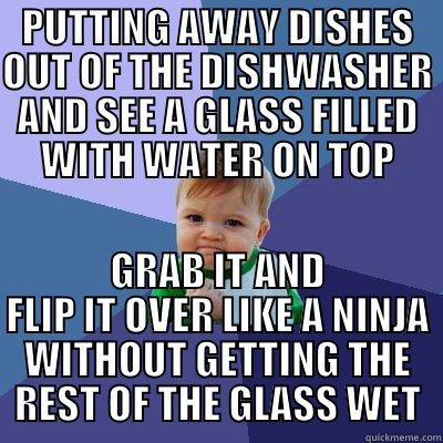 PUTTING AWAY DISHES OUT OF THE DISHWASHER AND SEE A GLASS FILLED WITH WATER ON TOP GRAB IT AND FLIP IT OVER LIKE A NINJA WITHOUT GETTING THE REST OF THE GLASS WET Success Kid