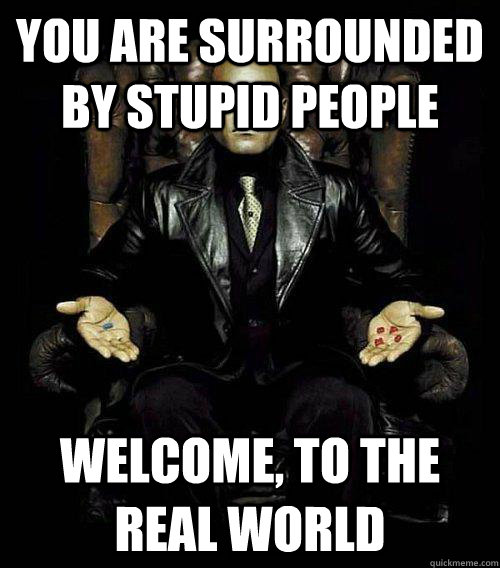 You are surrounded by stupid people Welcome, to the real world  Morpheus