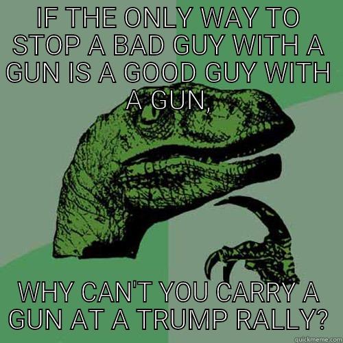 IF THE ONLY WAY TO STOP A BAD GUY WITH A GUN IS A GOOD GUY WITH A GUN, WHY CAN'T YOU CARRY A GUN AT A TRUMP RALLY? Philosoraptor