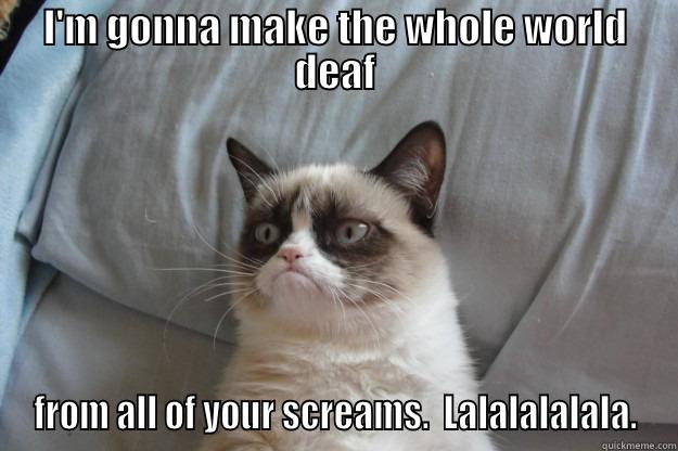 How bout a song? - I'M GONNA MAKE THE WHOLE WORLD DEAF FROM ALL OF YOUR SCREAMS.  LALALALALALA. Grumpy Cat