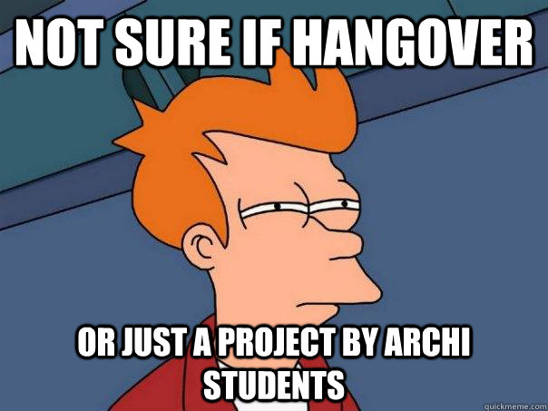 Not sure if hangover Or just a project by archi students  Futurama Fry