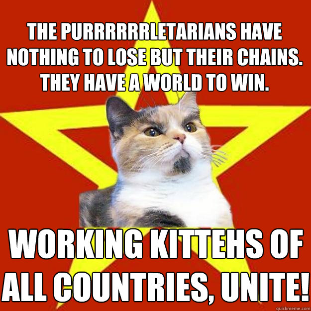 The purrrrrrletarians have nothing to lose but their chains. They have a world to win.  Working kittehs of All Countries, Unite!   Lenin Cat