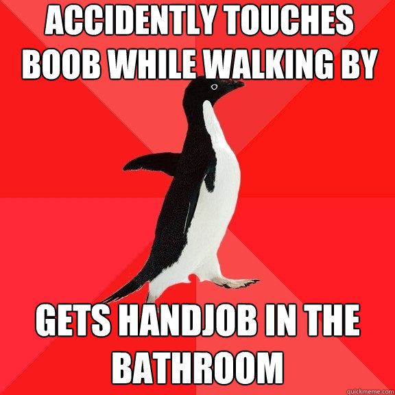 Accidently touches boob while walking by gets handjob in the bathroom  Socially Awesome Penguin