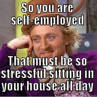 SO YOU ARE SELF-EMPLOYED THAT MUST BE SO STRESSFUL SITTING IN YOUR HOUSE ALL DAY Condescending Wonka