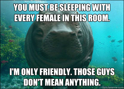 YOU MUST BE SLEEPING WITH EVERY FEMALE IN THIS ROOM. I'M ONLY FRIENDLY. THOSE GUYS DON'T MEAN ANYTHING. - YOU MUST BE SLEEPING WITH EVERY FEMALE IN THIS ROOM. I'M ONLY FRIENDLY. THOSE GUYS DON'T MEAN ANYTHING.  Hypocritical Hippo