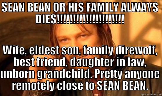 SEAN BEAN OR HIS FAMILY ALWAYS DIES!!!!!!!!!!!!!!!!!!!!! WIFE, ELDEST SON, FAMILY DIREWOLF, BEST FRIEND, DAUGHTER IN LAW, UNBORN GRANDCHILD. PRETTY ANYONE REMOTELY CLOSE TO SEAN BEAN. Boromir