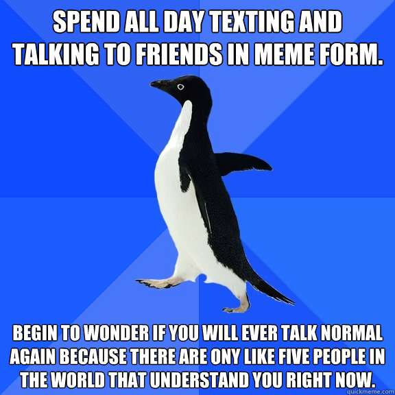 Spend all day texting and talking to friends in meme form. begin to wonder if you will ever talk normal again because there are ony like five people in the world that understand you right now. - Spend all day texting and talking to friends in meme form. begin to wonder if you will ever talk normal again because there are ony like five people in the world that understand you right now.  Socially Awkward Penguin