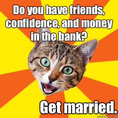 Do you have friends, confidence, and money in the bank? Get married.   Bad Advice Cat