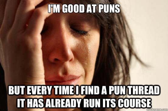 I'm good at puns but every time i find a pun thread it has already run its course  First World Problems