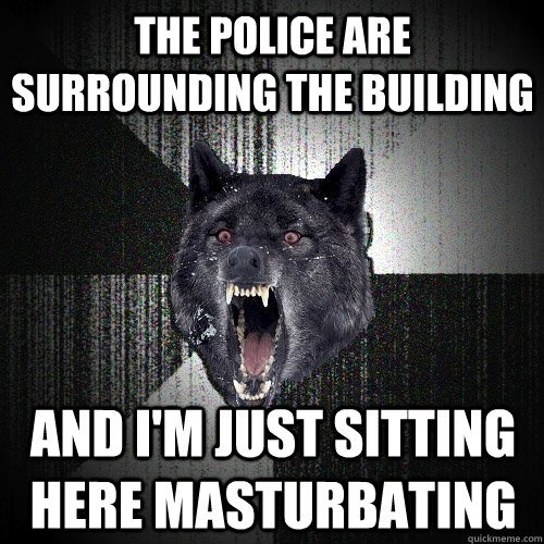 The police are surrounding the building And I'm just sitting here masturbating  Insanity Wolf