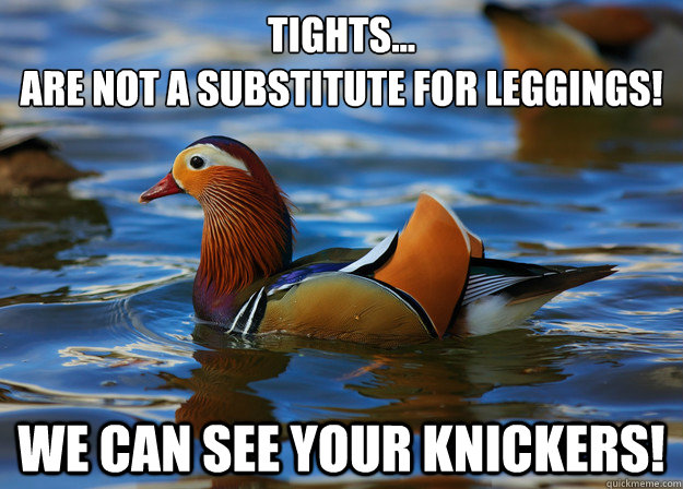 Tights...
Are not a substitute for leggings! we can see your knickers!  Fashion Advice Mallard