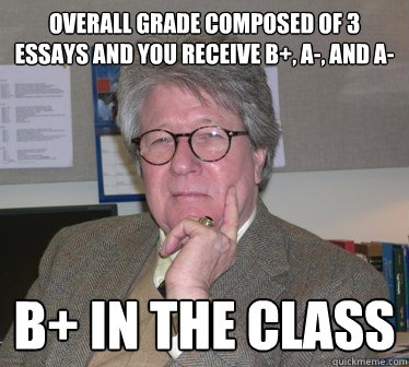 Overall Grade composed of 3 essays and you receive B+, A-, and A- B+ in the class - Overall Grade composed of 3 essays and you receive B+, A-, and A- B+ in the class  Humanities Professor