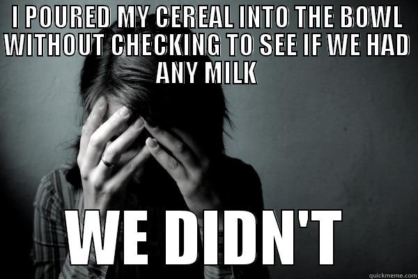 I POURED MY CEREAL INTO THE BOWL WITHOUT CHECKING TO SEE IF WE HAD ANY MILK WE DIDN'T Misc