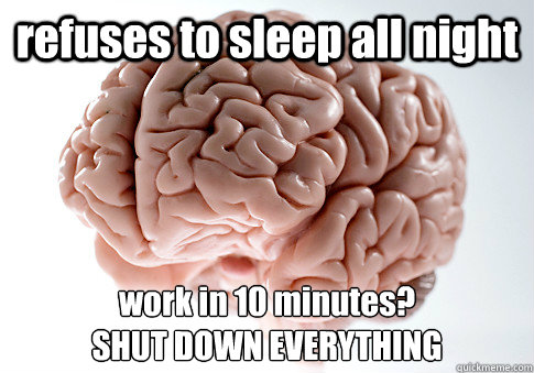 refuses to sleep all night work in 10 minutes? 
SHUT DOWN EVERYTHING  - refuses to sleep all night work in 10 minutes? 
SHUT DOWN EVERYTHING   Scumbag Brain