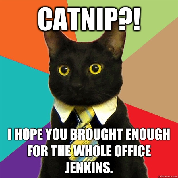 CATNIP?! I hope you brought enough for the whole office Jenkins.  Business Cat