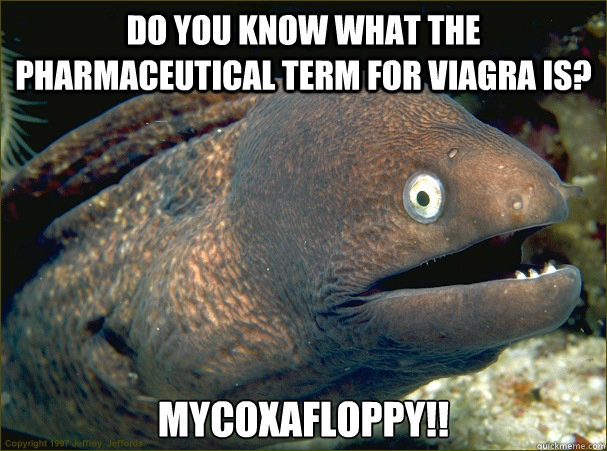 Do you know what the pharmaceutical term for Viagra is? Mycoxafloppy!!  Bad Joke Eel