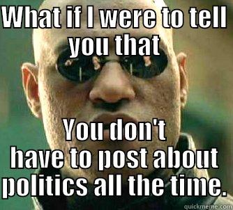 WHAT IF I WERE TO TELL YOU THAT YOU DON'T HAVE TO POST ABOUT POLITICS ALL THE TIME. Matrix Morpheus