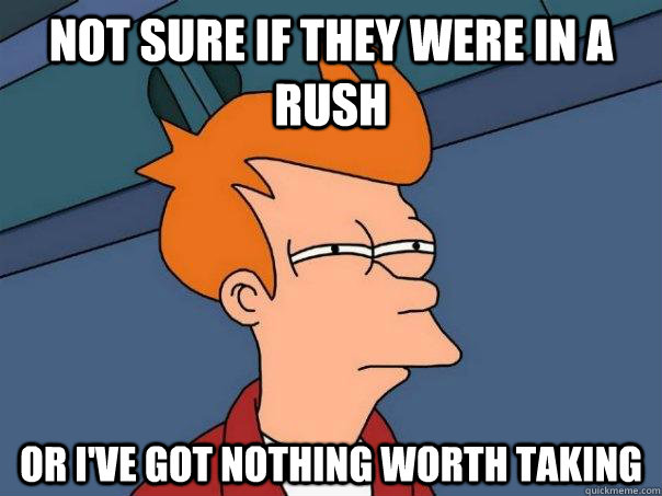 Not sure if they were in a rush Or I've got nothing worth taking  Futurama Fry