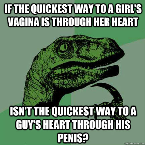 If the quickest way to a girl's vagina is through her heart isn't the quickest way to a guy's heart through his penis?  Philosoraptor