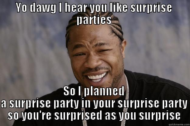 YO DAWG I HEAR YOU LIKE SURPRISE PARTIES SO I PLANNED A SURPRISE PARTY IN YOUR SURPRISE PARTY SO YOU'RE SURPRISED AS YOU SURPRISE Xzibit meme