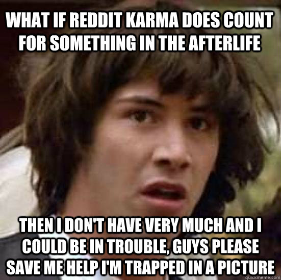 What if Reddit Karma DOES count for something in the afterlife then I don't have very much and I could be in trouble, guys please save me help I'm trapped in a picture - What if Reddit Karma DOES count for something in the afterlife then I don't have very much and I could be in trouble, guys please save me help I'm trapped in a picture  conspiracy keanu