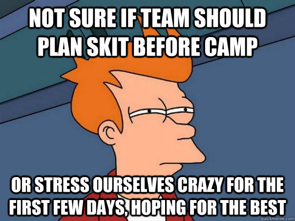 not sure if team should plan skit before camp or stress ourselves crazy for the first few days, hoping for the best  Futurama Fry