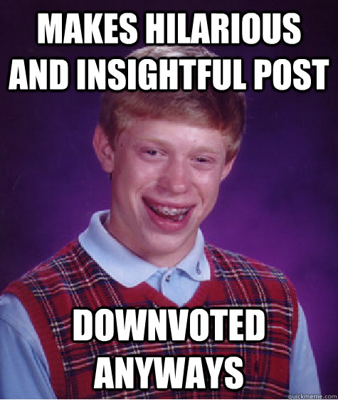 Makes hilarious and insightful post  Downvoted anyways  Bad Luck Brian