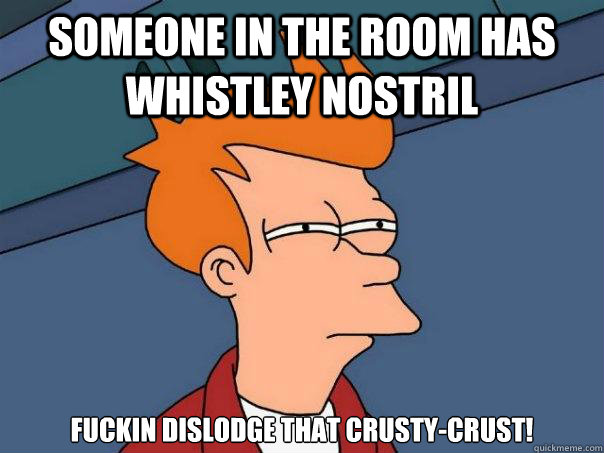 someone in the room has whistley nostril fuckin dislodge that crusty-crust!  Futurama Fry