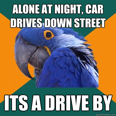 alone at night, car drives down street its a drive by - alone at night, car drives down street its a drive by  Paranoid Parrot