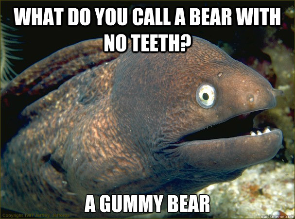 What do you call a bear with no teeth? A gummy bear  Bad Joke Eel