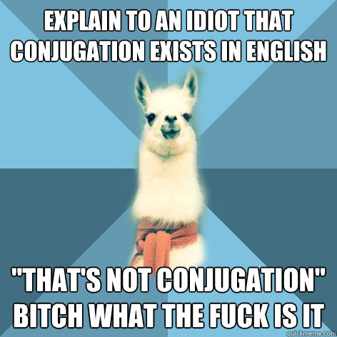 explain to an idiot that conjugation exists in english 