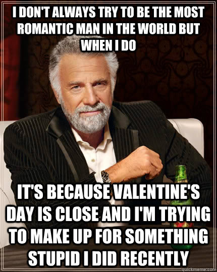 I DON'T ALWAYS TRY TO BE THE MOST ROMANTIC MAN IN THE WORLD BUT WHEN I DO IT'S BECAUSE VALENTINE'S DAY IS CLOSE AND I'M TRYING TO MAKE UP FOR SOMETHING STUPID I DID RECENTLY  The Most Interesting Man In The World