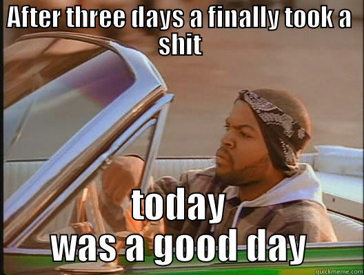 AFTER THREE DAYS A FINALLY TOOK A SHIT TODAY WAS A GOOD DAY today was a good day